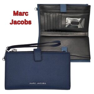 Marc Jacobs‎ Navy Blue Saffiano Leather Wristlet Wallet Clutch Zip Around